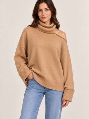 PAIGE Camel Wool Blend Off Shoulder Turtleneck Sweater M | Quiet Luxury Scandi